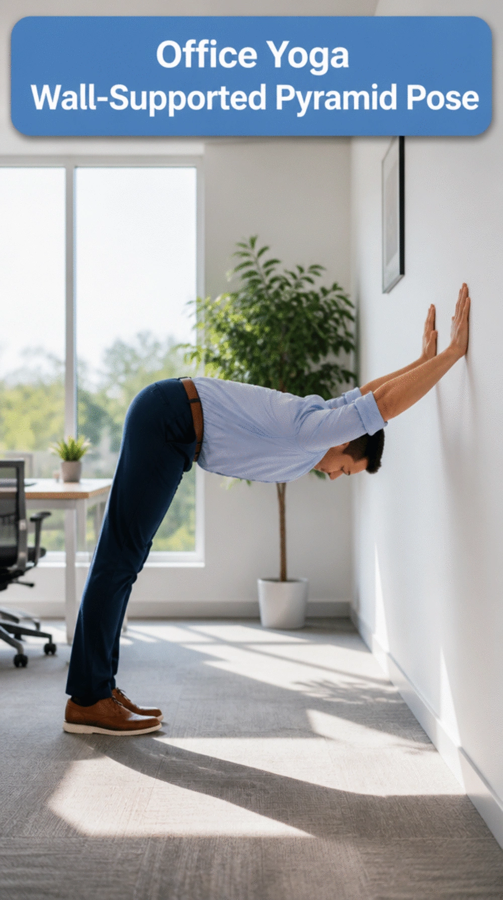 Office Yoga Wall-Supported Pyramid Pose That Stretches Hamstrings Without a Mat