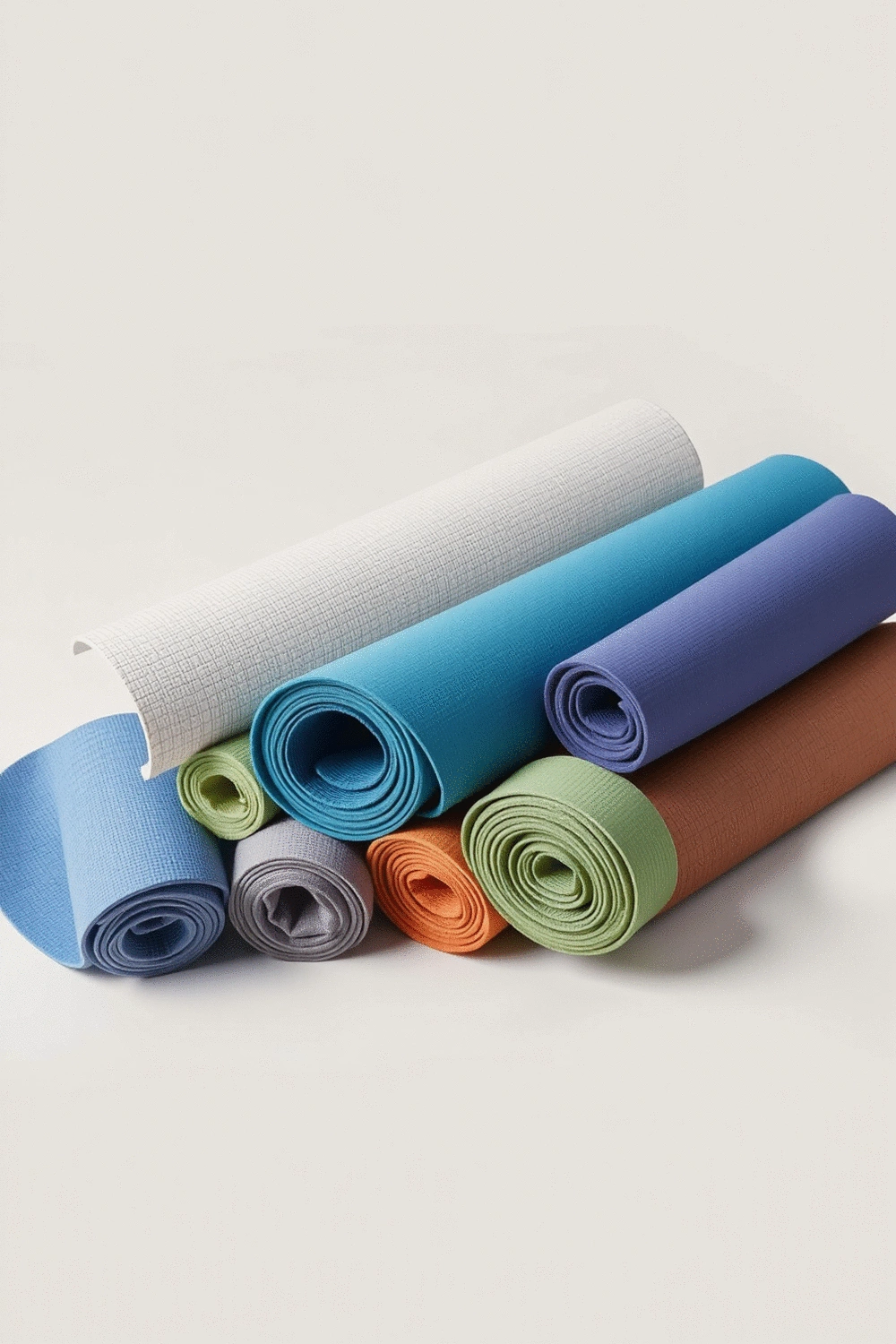 Flat lay of various yoga mats rolled up, showcasing different colors and textures, representing various brands