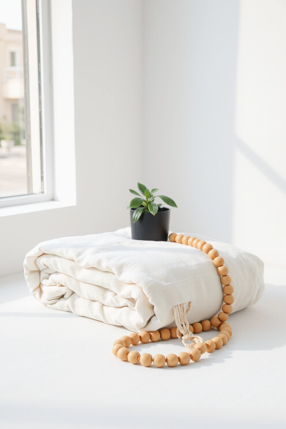 Still life of a neatly folded organic cotton yoga blanket, a small potted plant, and a natural wood meditation bead strand, creating a serene, eco-conscious atmosphere.