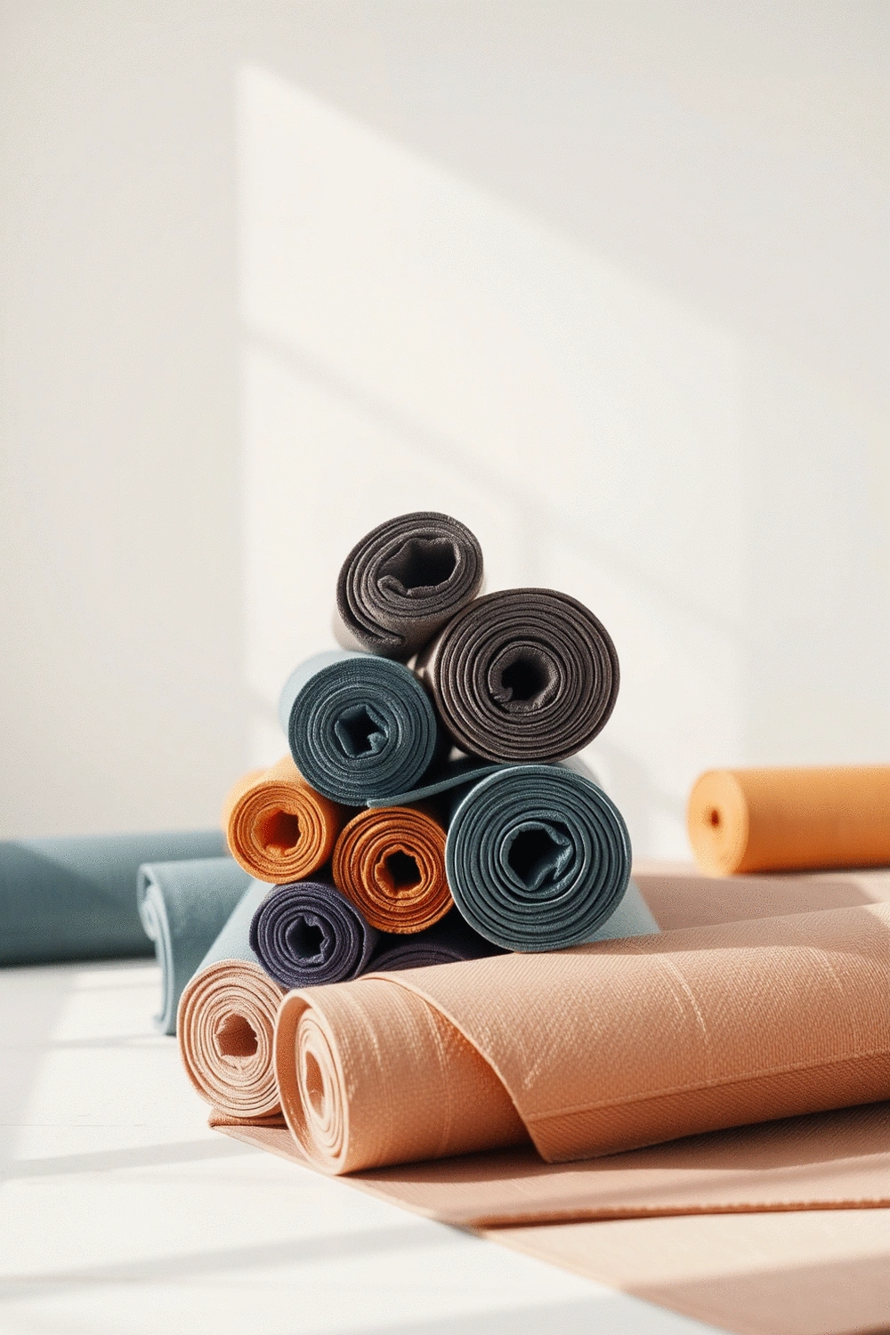 Variety of yoga mats rolled and stacked in a clean, minimalist studio setting