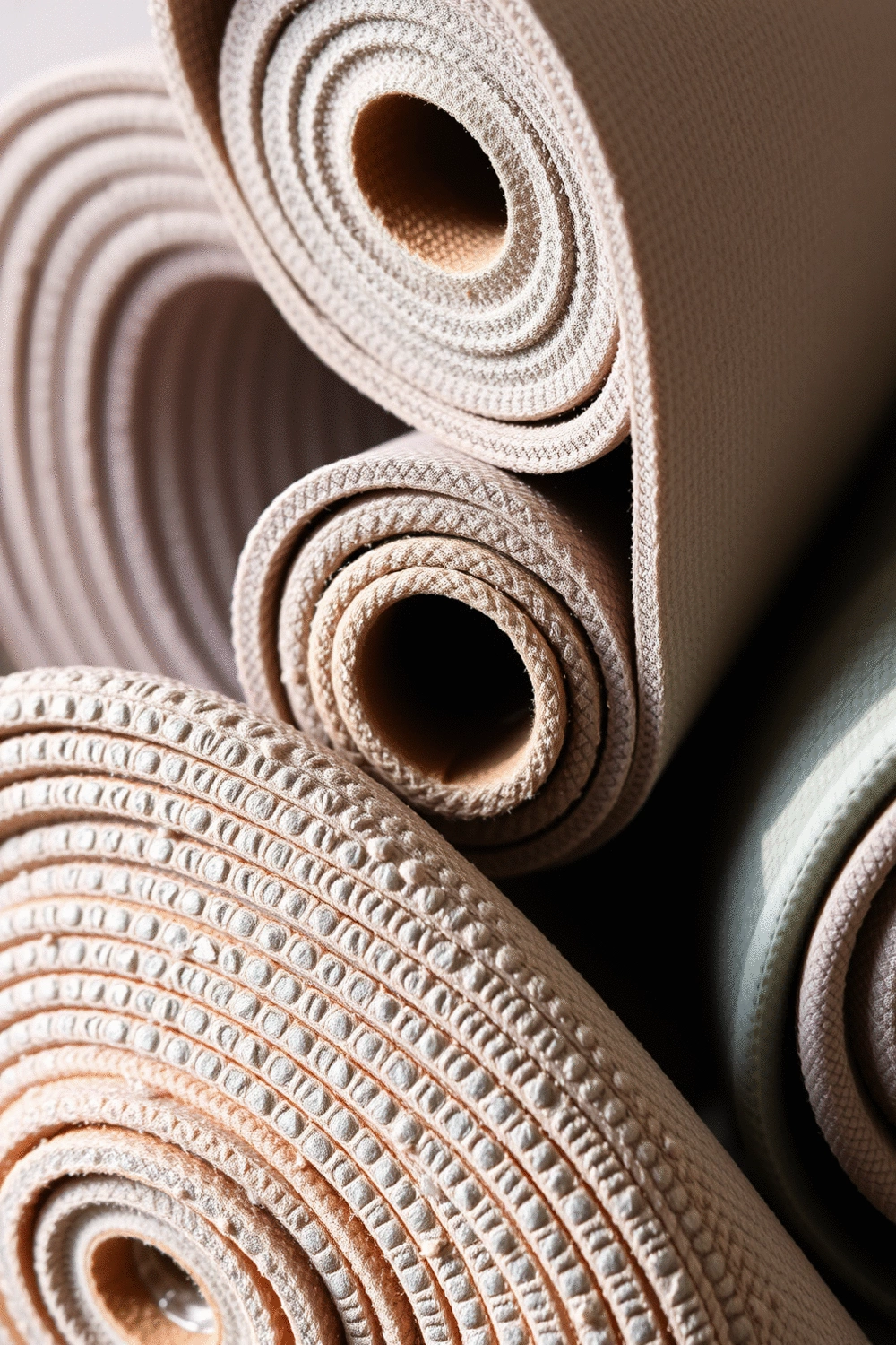 Close-up view of yoga mat textures, showing different thicknesses and materials.