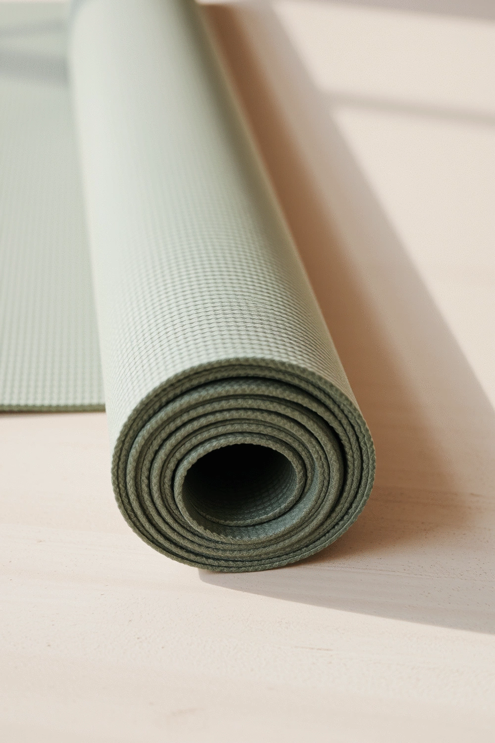 Close-up of a yoga mat unrolled on a clean, light-colored floor, emphasizing texture and thickness.