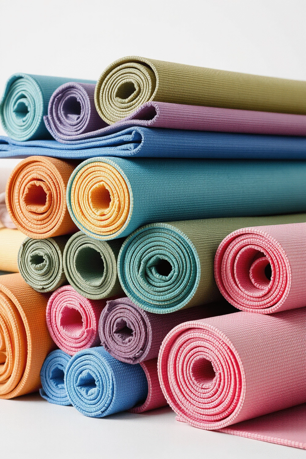 Arrangement of various colorful children's yoga mats rolled up and stacked, showcasing different textures and patterns