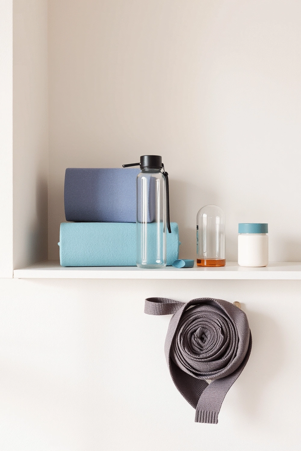 Neatly organized yoga accessories like blocks, straps, and a water bottle on a shelf in a clean, bright home yoga space.