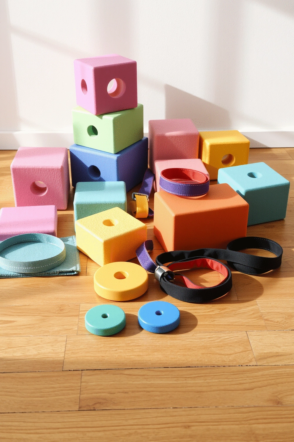 Various yoga props for children including colorful foam blocks, yoga straps, and balance dots on a wooden floor