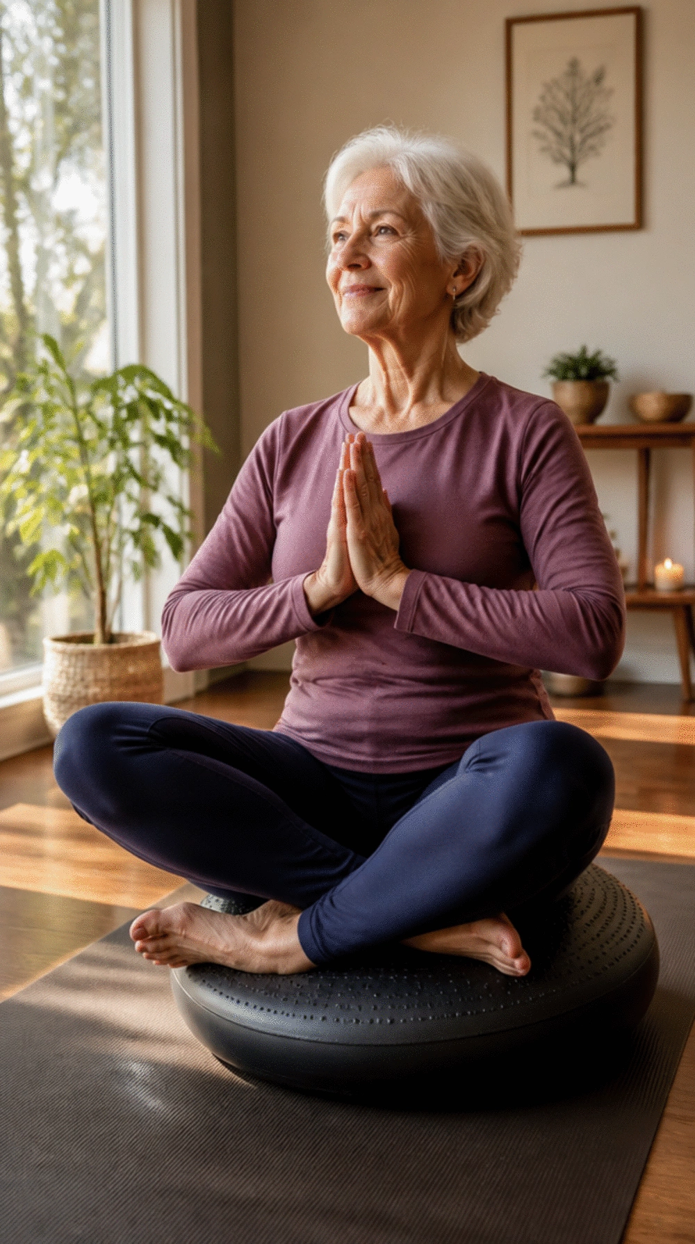 Seated Yoga Balance Pose on a Stability Cushion That Trains Core and Posture Together