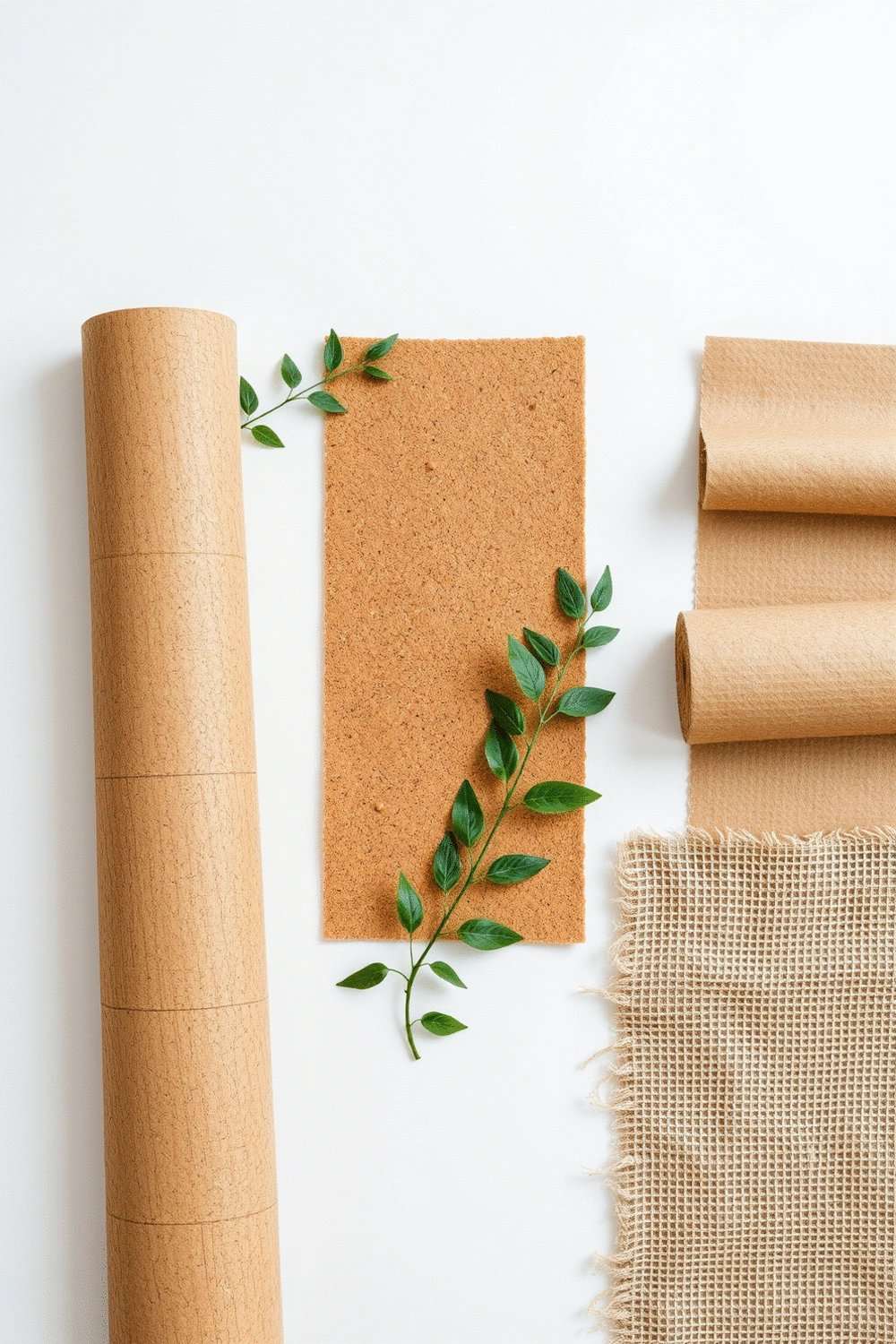 Flat lay of various eco-friendly yoga mat materials like cork, natural rubber, and jute samples, with small green leaves.
