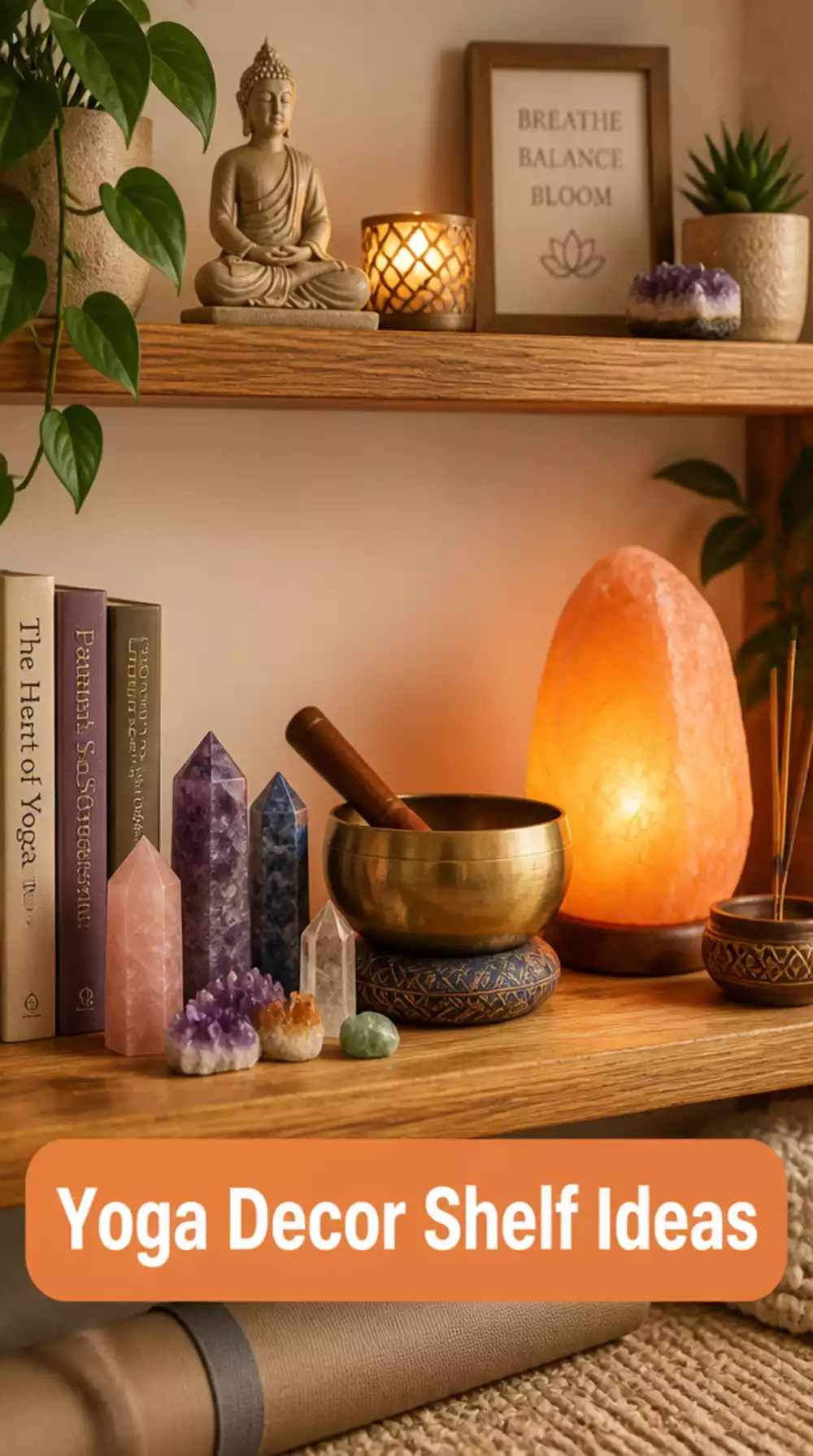 Yoga Decor Shelf with Crystals, a Singing Bowl, and a Himalayan Salt Lamp