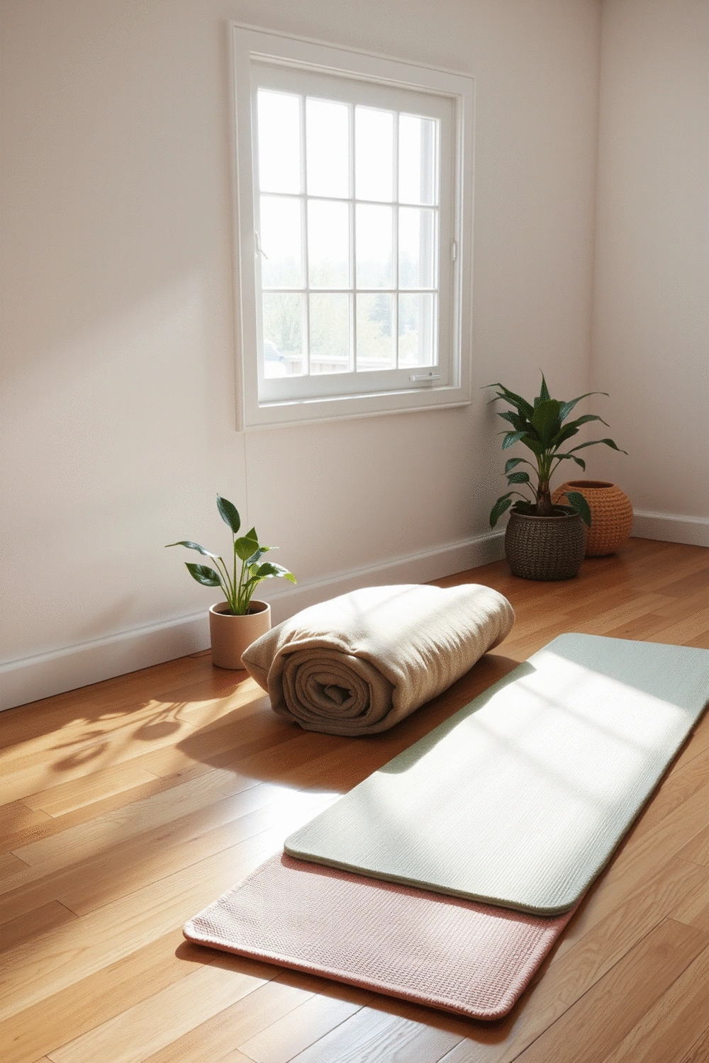 A tranquil home yoga space with a neatly rolled yoga mat, a plush cushion, and a small potted plant, bathed in soft, natural light.