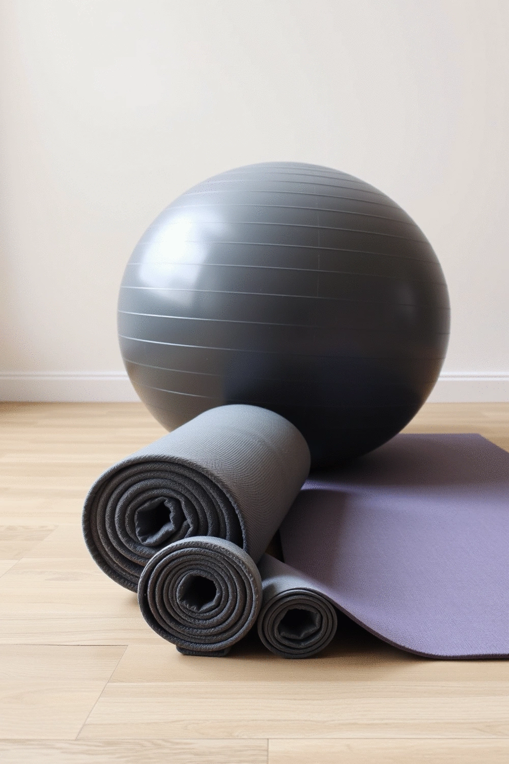 Arrangement of various yoga props including a weighted yoga ball, a bolster, and a yoga mat in a serene home yoga space