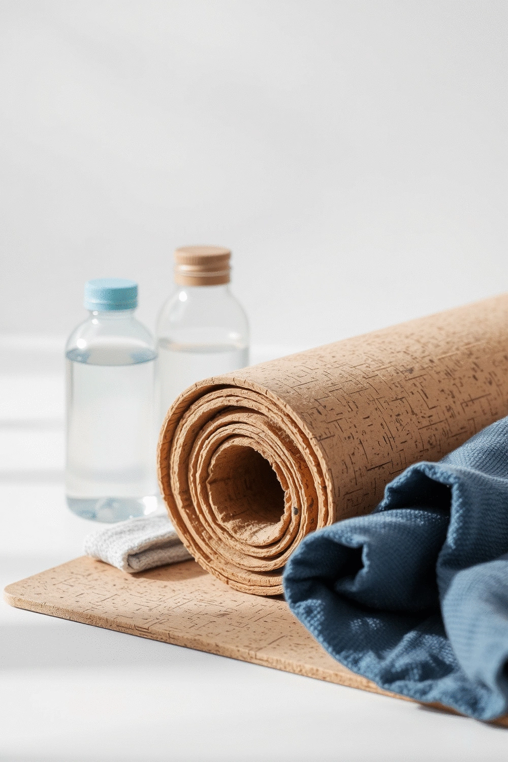 A close-up of a well-maintained cork yoga mat with a water bottle and small towel nearby, emphasizing durability and freshness. No text, no words, no typography, no labels, clean image, no humans, no people, no hands, no body parts