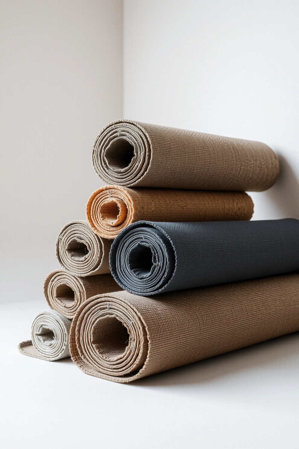 A variety of eco-friendly yoga mats, including natural rubber, cork, and jute, rolled up and neatly stacked in a clean, minimalist studio setting. No text, no words, no typography, no labels, clean image, no humans, no people, no hands, no body parts