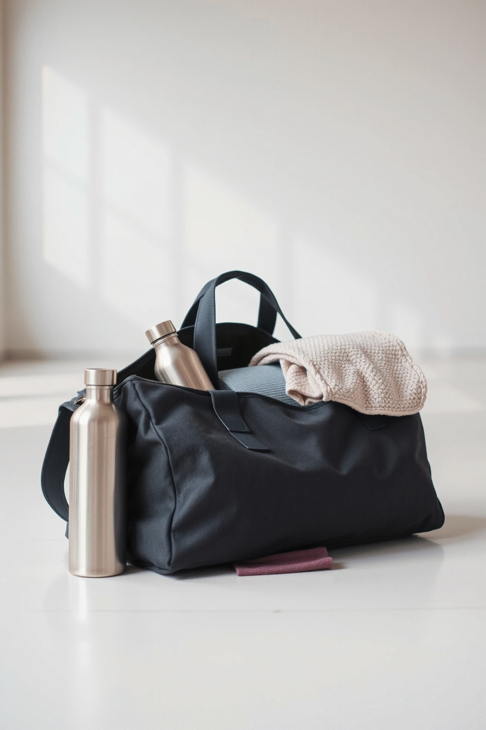 Stylishly designed yoga mat bag with a yoga mat rolled inside, next to a water bottle and small towel, clean studio background