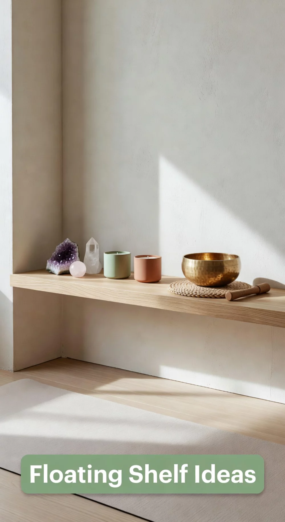 Yoga Corner Floating Shelf That Displays Crystals, Candles, and a Singing Bowl Neatly