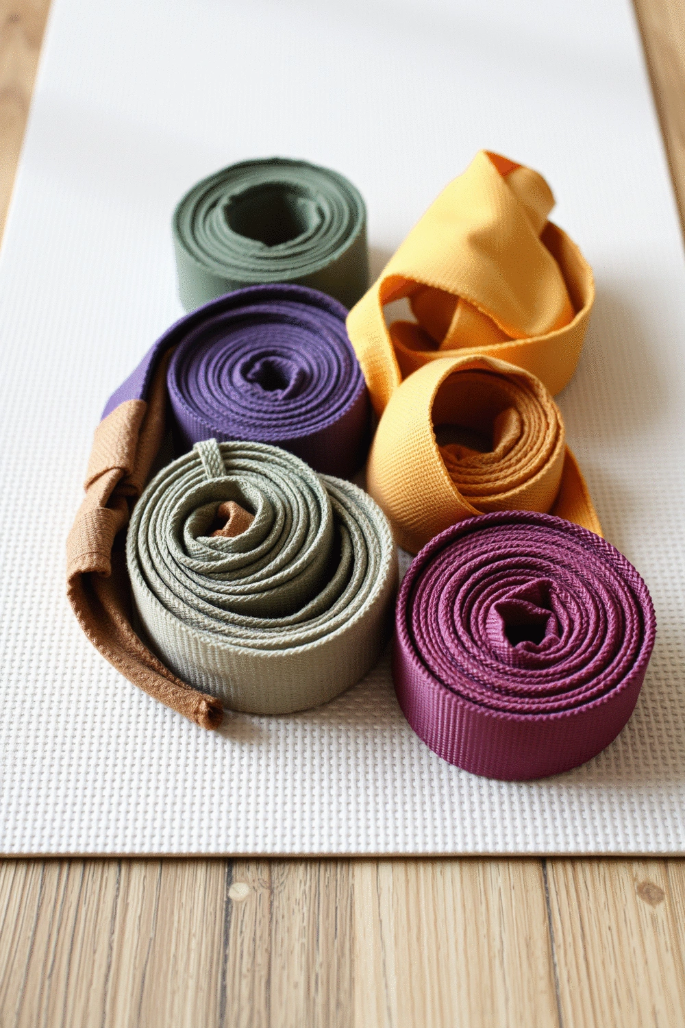 Assortment of yoga straps in various colors and materials, neatly rolled or folded on a clean yoga mat, illustrating choice and integration into practice