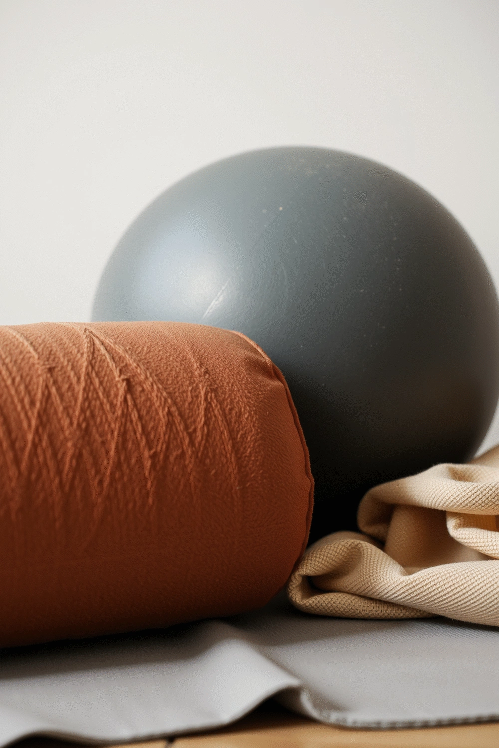 Close-up of different textured yoga props, including a weighted yoga ball and a bolster, showcasing their materials