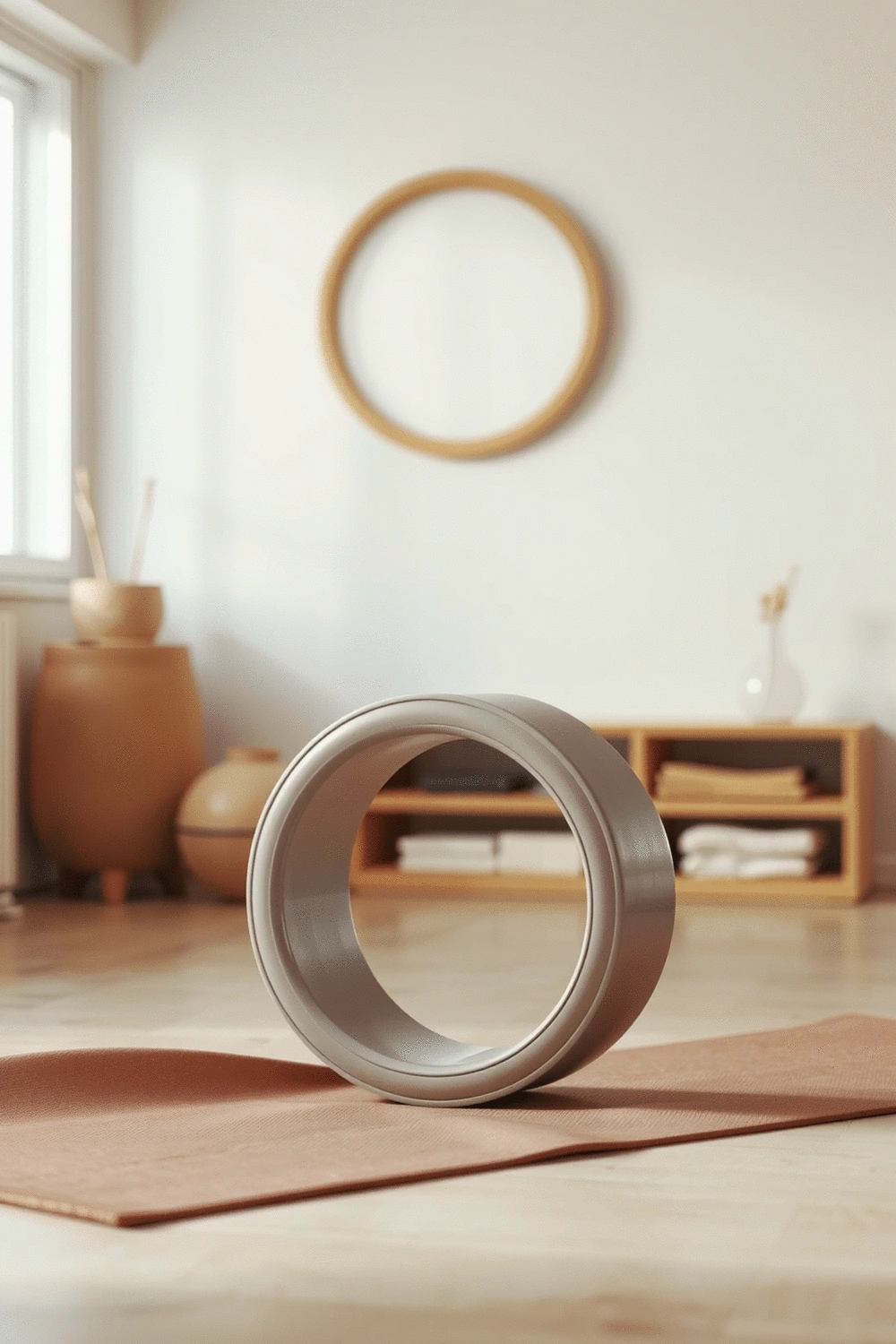 A yoga wheel on a clean yoga mat in a minimalist home studio setting.