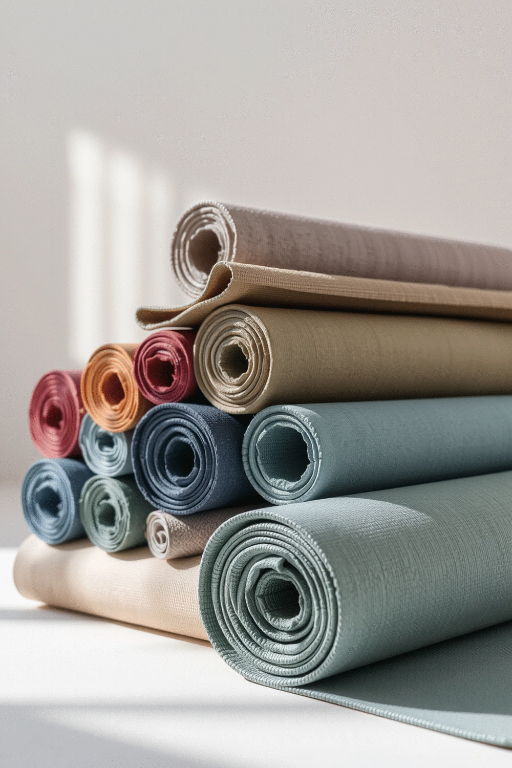Neatly rolled yoga mats of different colors and textures, stacked in a clean, minimalist studio setting.