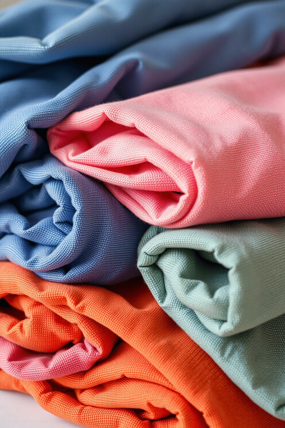 Close-up of neatly folded yoga apparel in various colors and textures