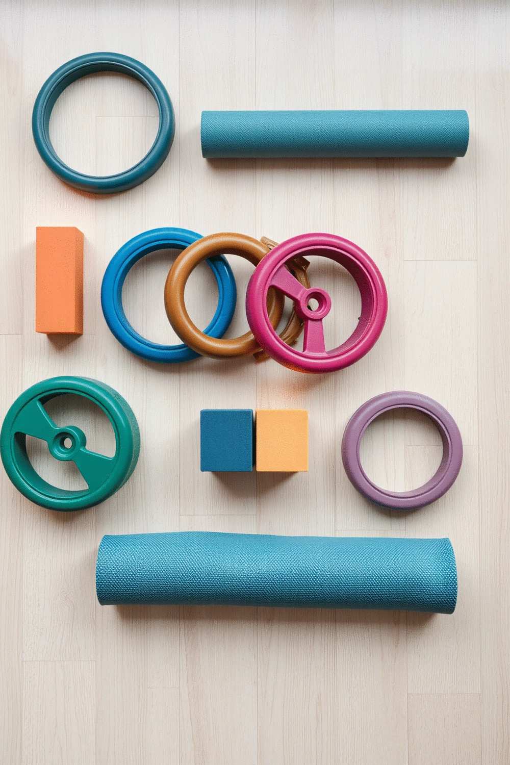 A variety of yoga wheels and accessories, such as blocks and straps, neatly arranged in a clean, organized home studio environment.