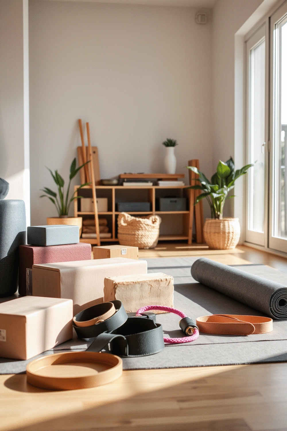 A variety of yoga props, including blocks, straps, and a mat, arranged neatly in a bright, organized home yoga space.