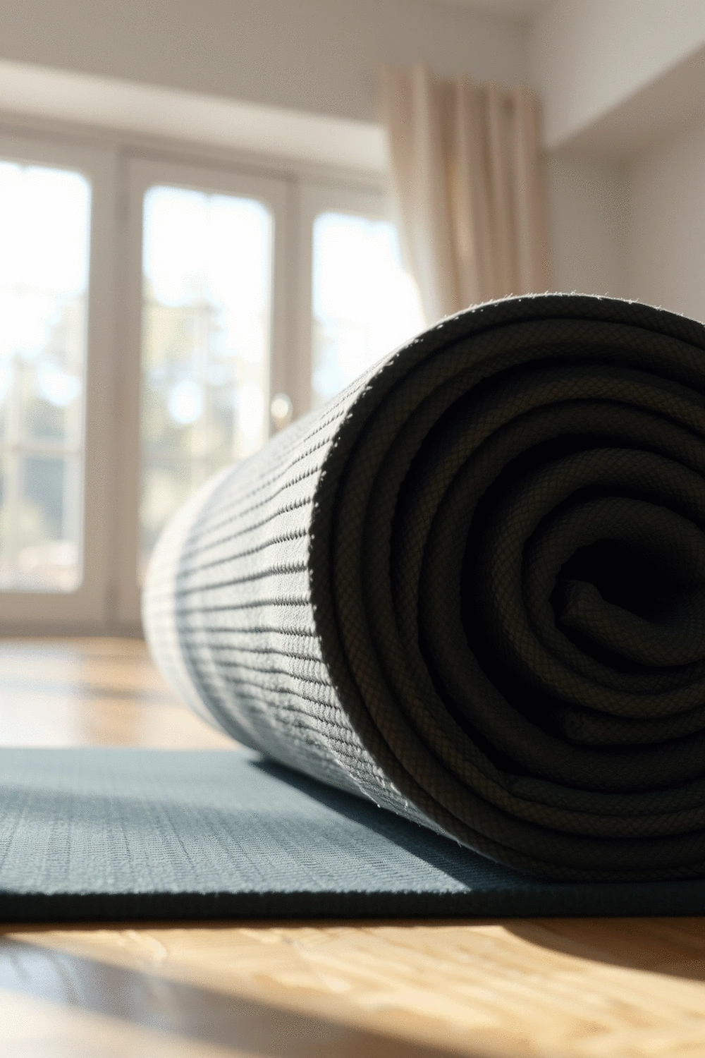 A close-up, elevated view of a thick, cushioned yoga mat in a serene, light-filled room. Emphasize the texture and padding of the mat, with subtle light reflecting off its surface.