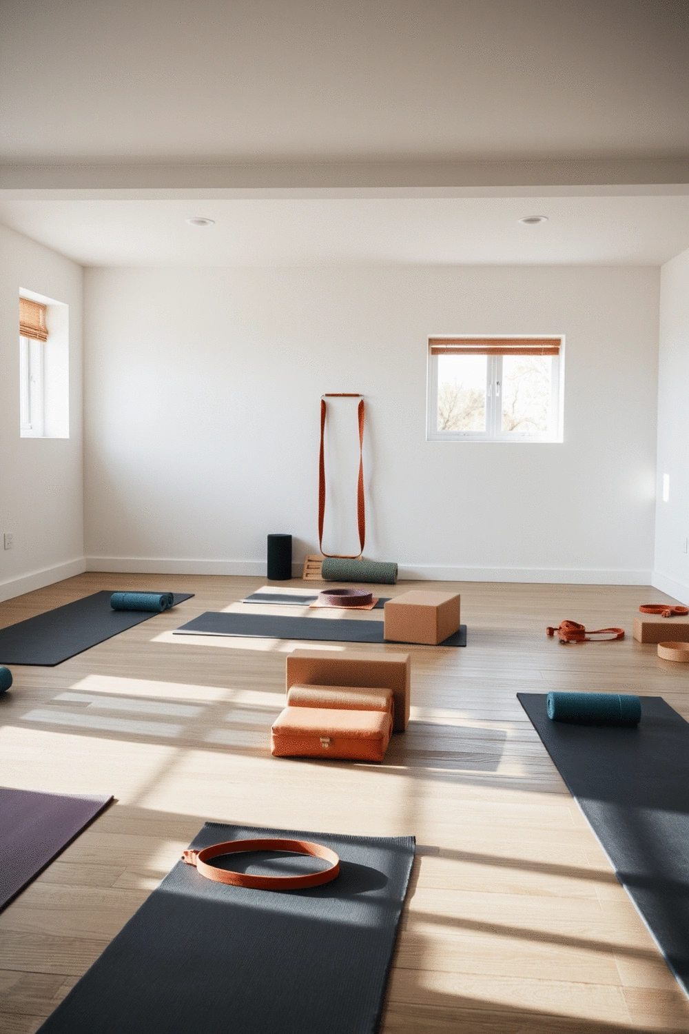 A tranquil yoga studio setting with various yoga props neatly arranged, including mats, blocks, and straps, ready for practice.